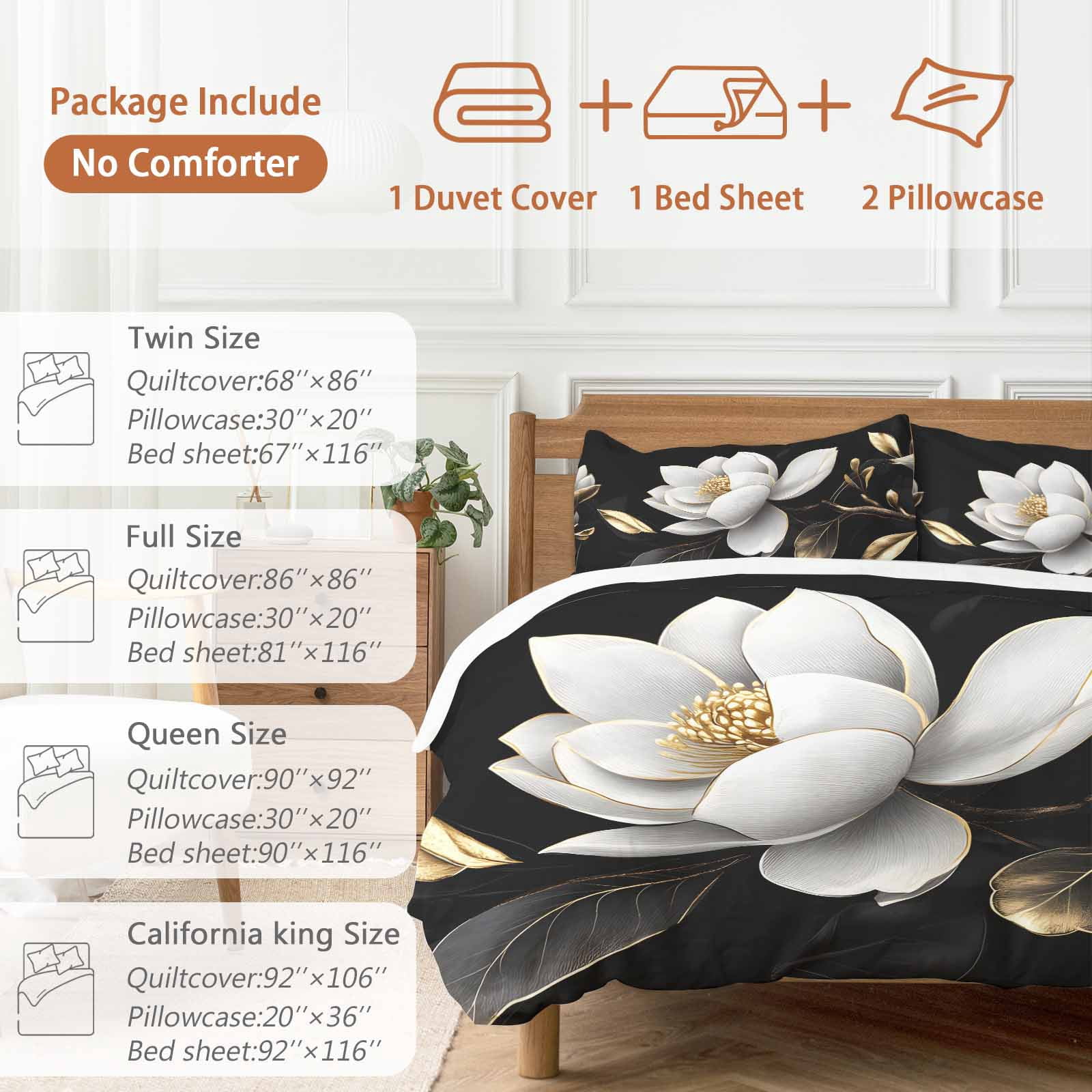 Gorgeous Flowers Duvet Cover Set, White Gold Floral Botanicals Black Soft Duvet Cover Queen Size Bedding Set 4 Pieces, 1 Quiltcover and 2 Pillowcases with Zipper, 1 Bed Sheet for All Seasons