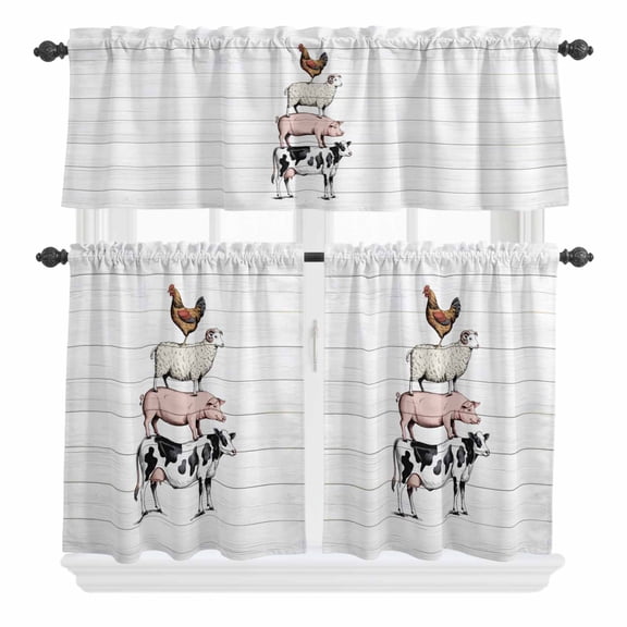 3 Piece Kitchen Curtains and Valances Set Farmhouse Wooden Grain Cafe Curtains 24 Inch Length Modern Country Cow Pig Chicken Valance & Tier Curtain for Living Room Bedroom Window 54"x18" 27"x24"*2