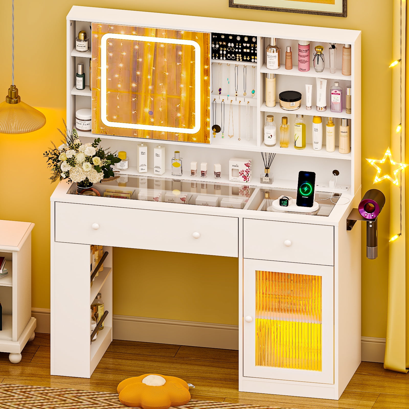 Ktaxon Makeup Vanity with Lighted Mirror,  Vanity Table Set w/ Charging Station, Side Rack, White
