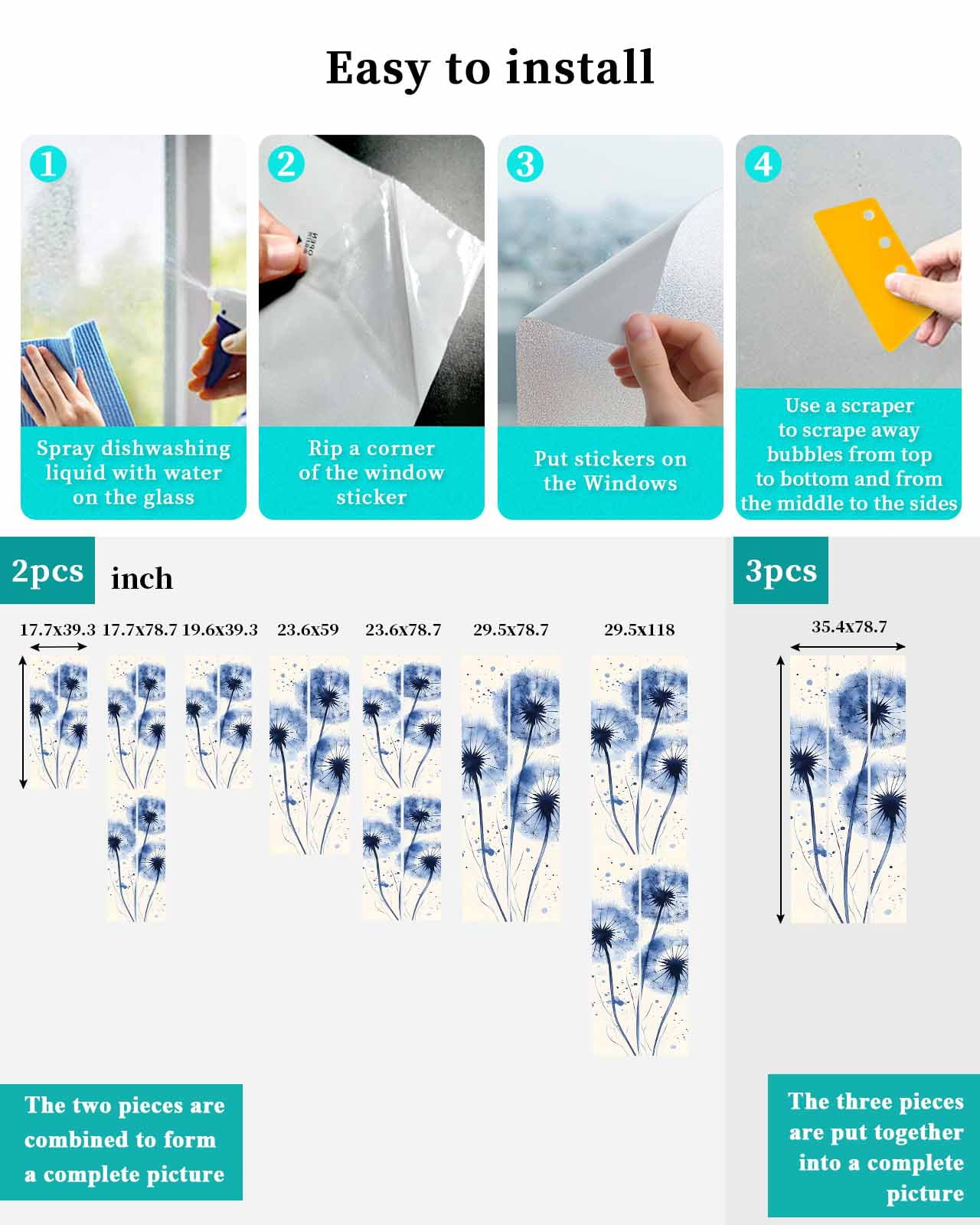 Window Privacy Film Spring Dandelion Stained Glass Window Film Decorative Sun Block Window Cover Simple Vintage Watercolor Blue Flowers Window Clings Static Adhesive Sticker for Bathroom 35.4"x78.7"