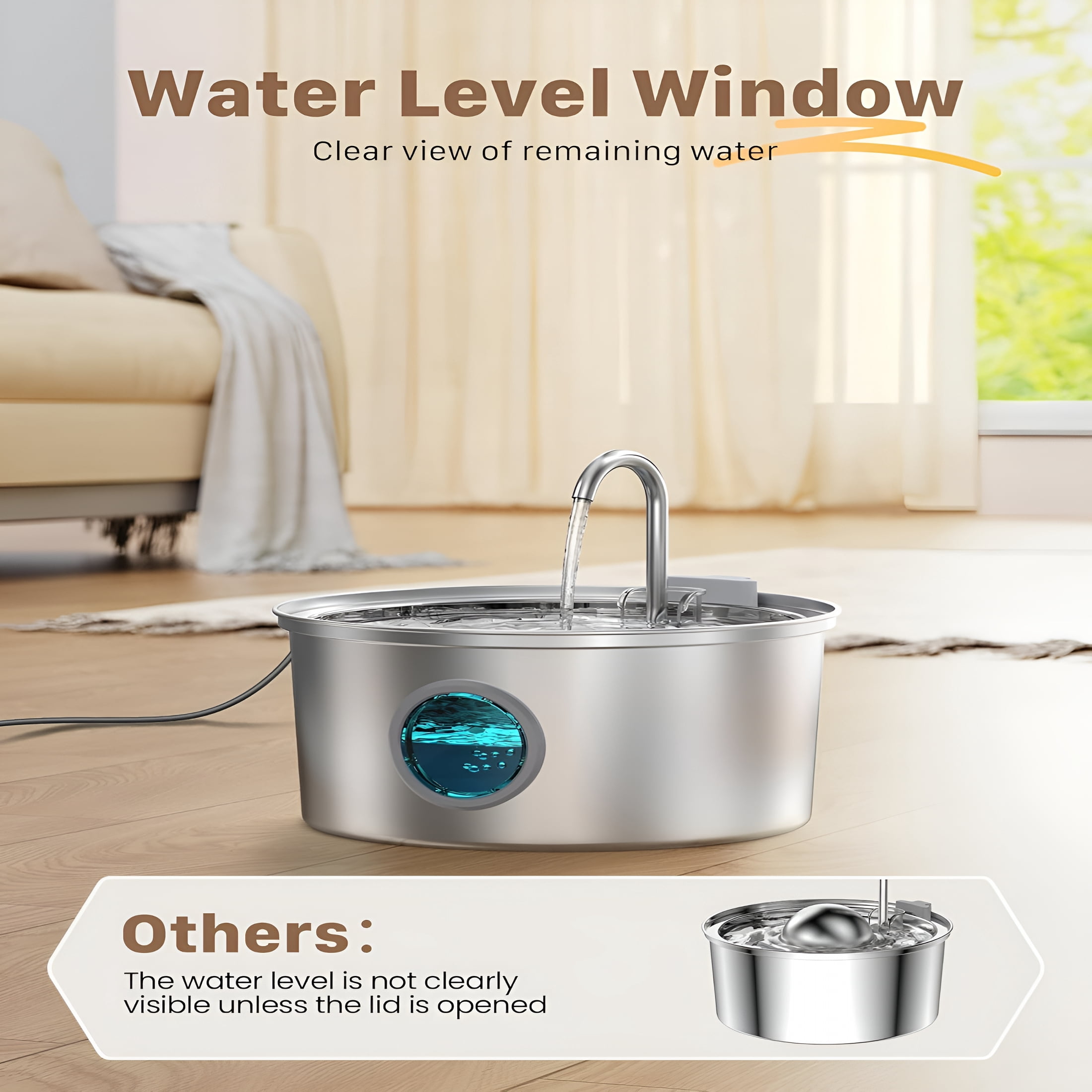 ACDANC Stainless Steel Pet Water Fountain: 108Oz/3.2L Cat Fountains with Led Light - Metal Bowl