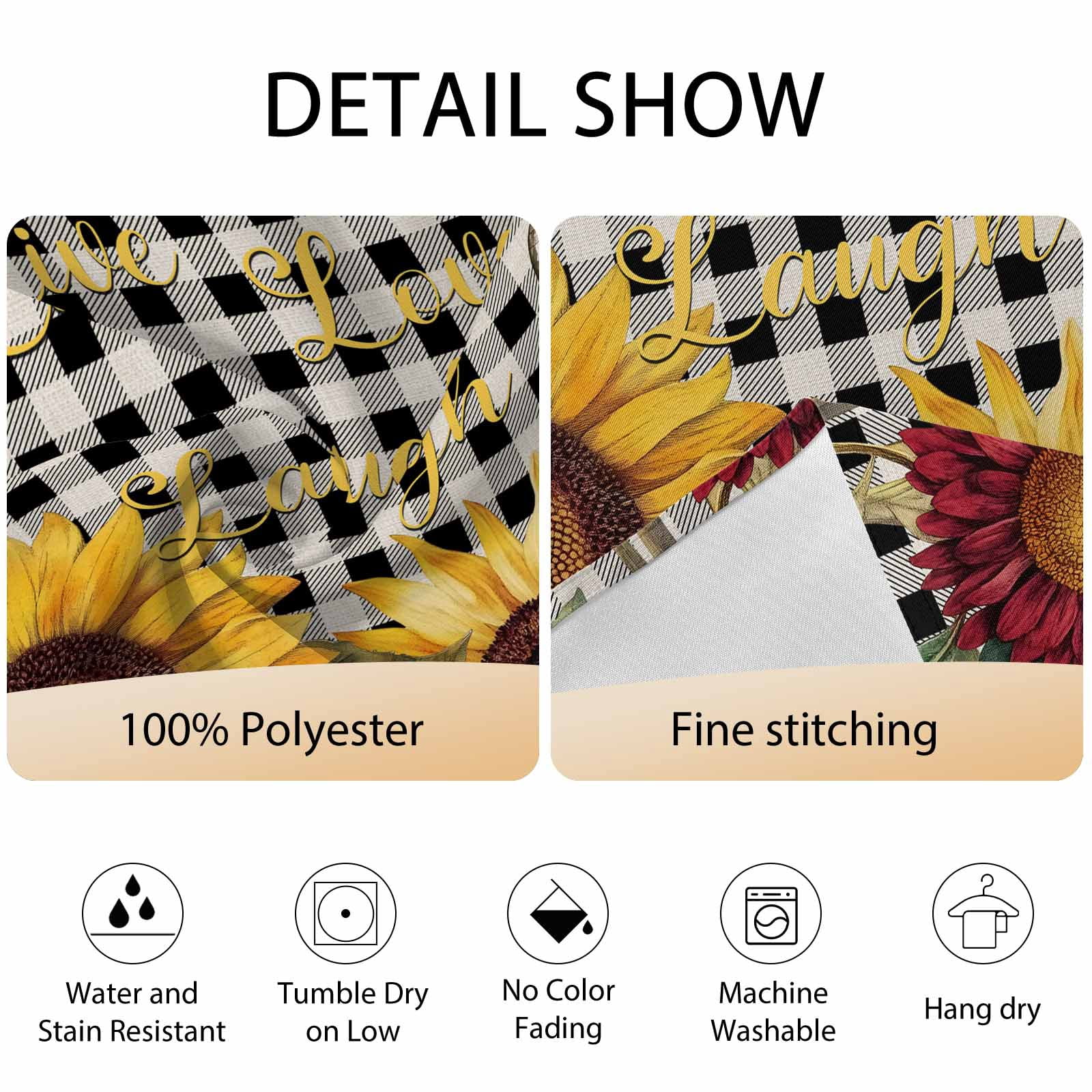 Round Tablecloth Butterfly Sunflower Waterproof Oil Proof Polyester Table Cloth Cover Decor for Home Dining Outdoor,Patio,Parties, 54" Dia. Live Love Laugh Black Plaid