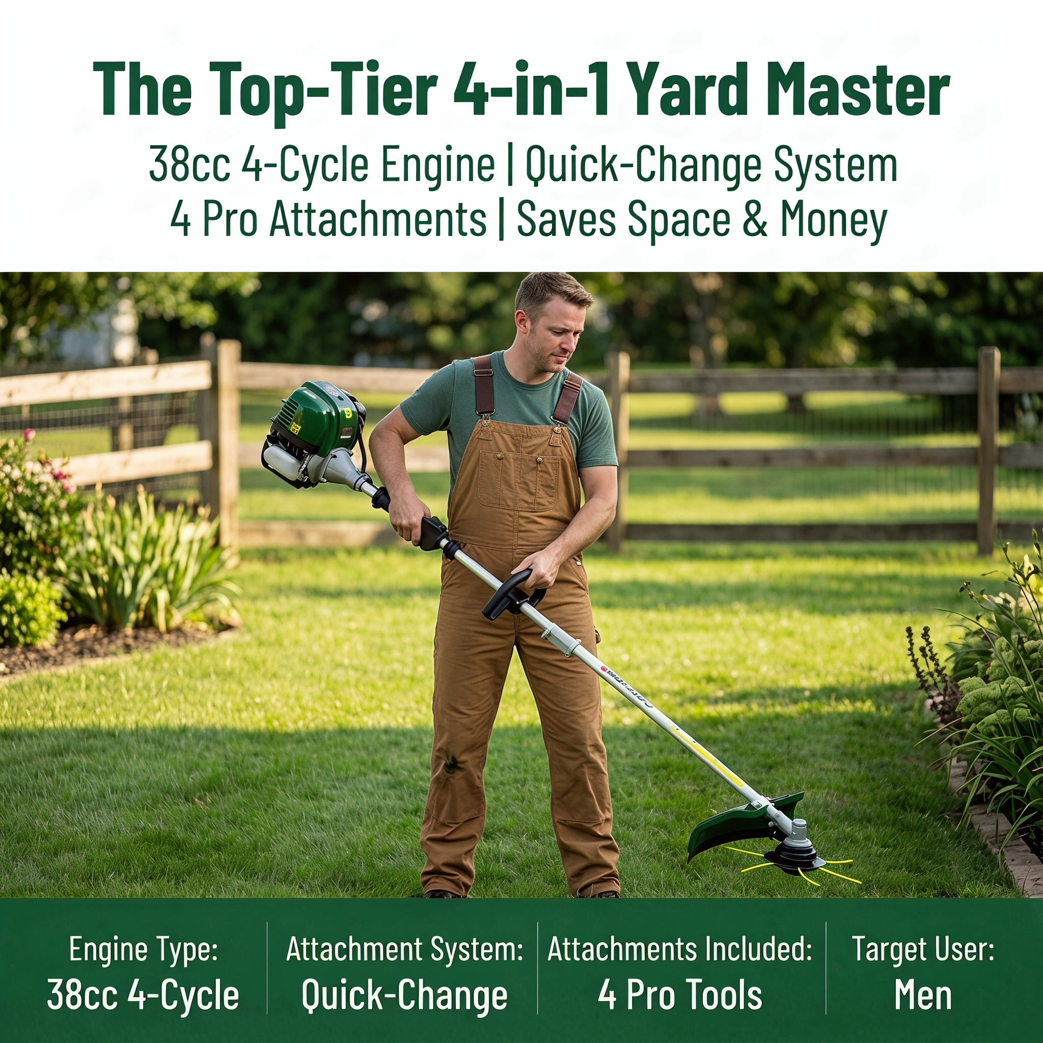 38CC 4 Stroke 4 in 1 Gas Multi Tool EPA Compliant with Pole Saw Hedge Trimmer Grass Trimmer Brush Cutter for Yard