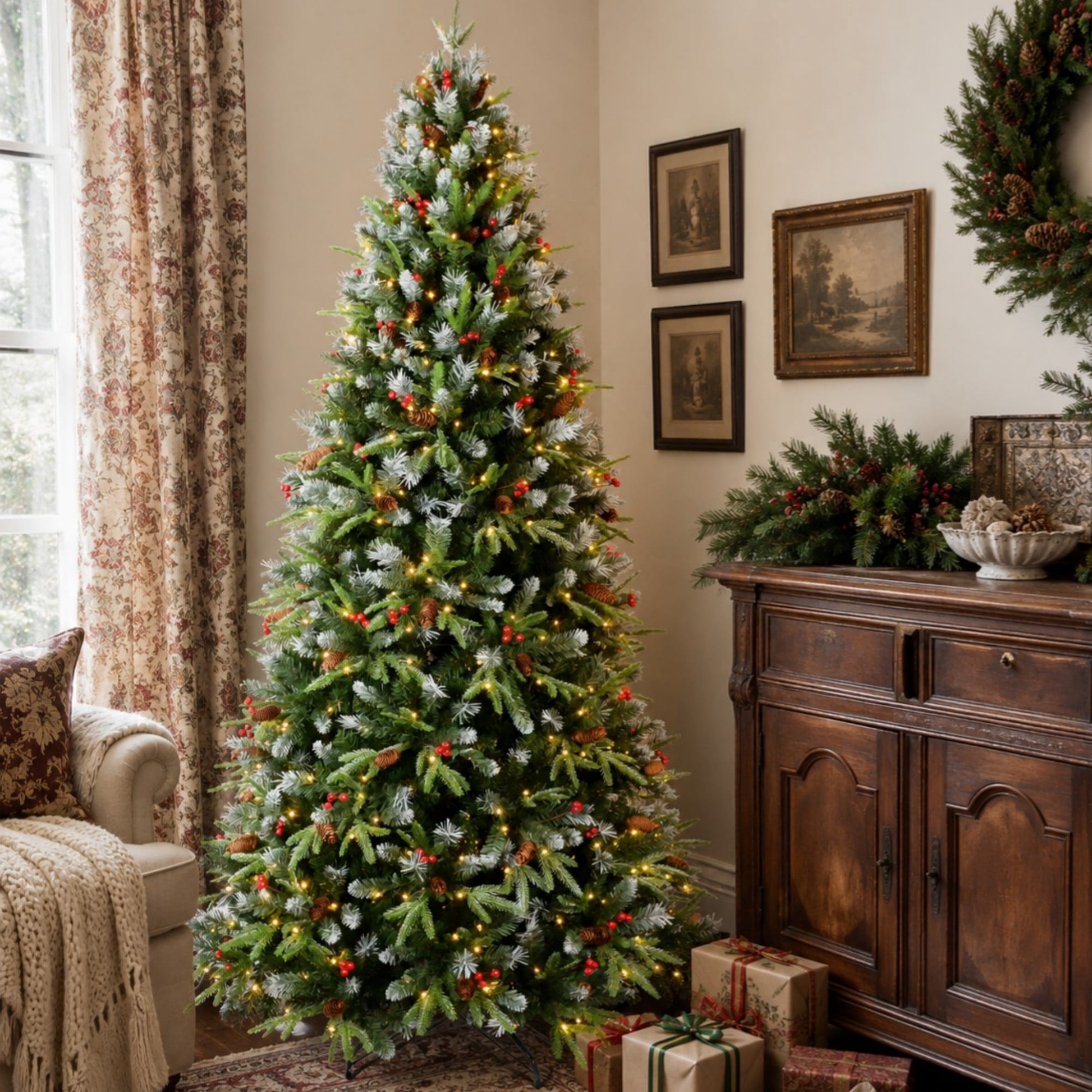 DEALTOPS 9 FT Pre-Lit Snow-Tipped Christmas Tree with Red Berries, Pine Cones, 750 Warm White LEDs & 3750 Tips