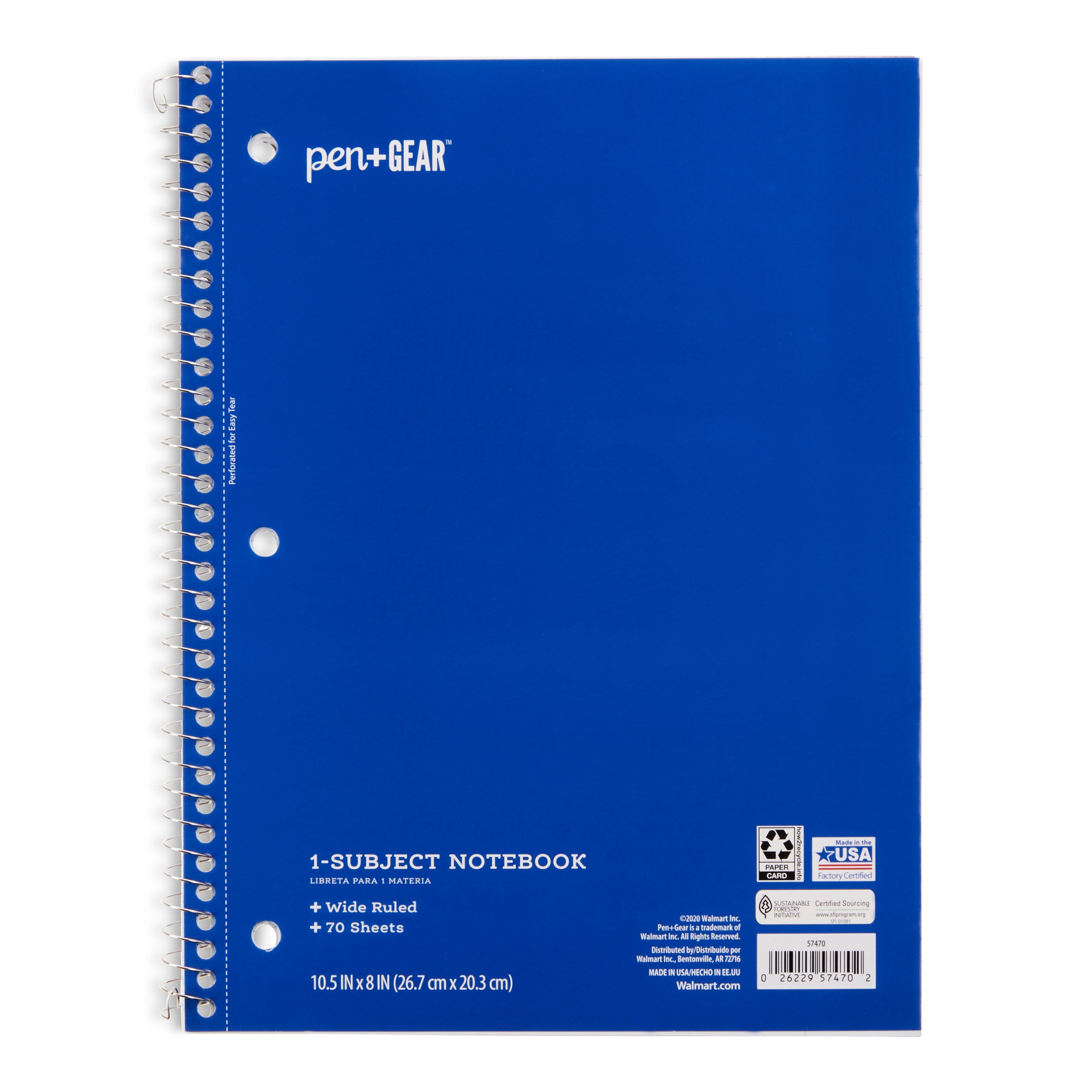 Pen+Gear 1-Subject Notebook, Wide Ruled, Blue, 70 Sheets