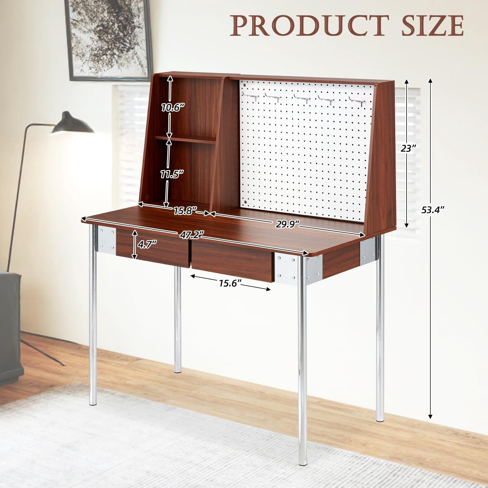 JOMEED 47 Inch Computer Desk with Pegboard, Gaming Desk with 2 Drawers, Walnut Home Office Desk with Hutch, Metal Legs