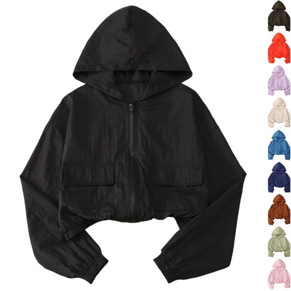 Husipze Cropped Hooded Jacket for Girls Lightweight Zip Up Active Outdoor Coat Relaxed Fir Casual School Outerwear Black 5 Years