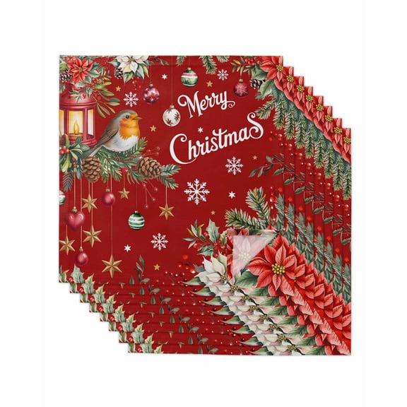Merry Christmas Cloth Napkins Set of 8 Reusable Dinner Napkins, Red Xmas Tree Snowflake Poinsettia Winter Cocktail Napkin Washable Table Napkins for Wedding/Holiday Party/Baby Shower 20"x20"