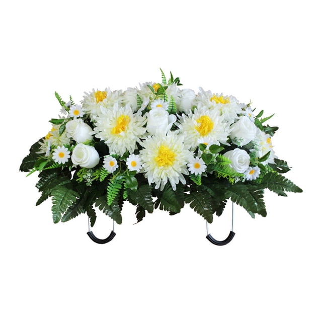 Promotion Cemetery Flowers Outdoor Grave Decorations Cemetery Headstone Saddle Flower Sympathy Silks Artificial Cemetery Flowers Realistic Roses and Chrysanthemum, Outdoor Grave Decorations