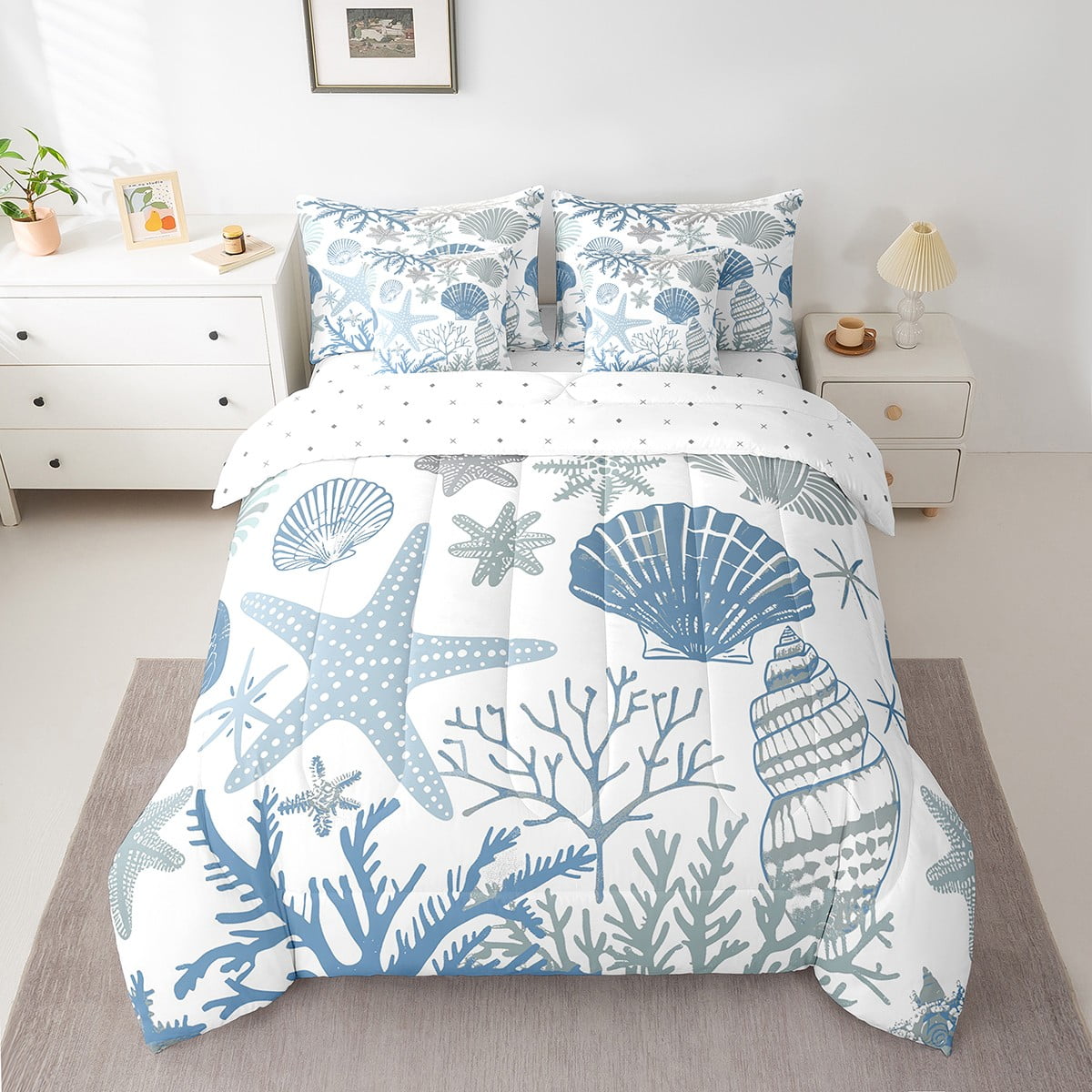 Nautical Coastal Bed in a Bag Queen Comforter Set 7 Piece,Blue Ocean Beach Bedding Set Seashell Starfish Sheet Sets with Comforter Conch Shell Coral Bed Set,Plain White Blue Room Decor