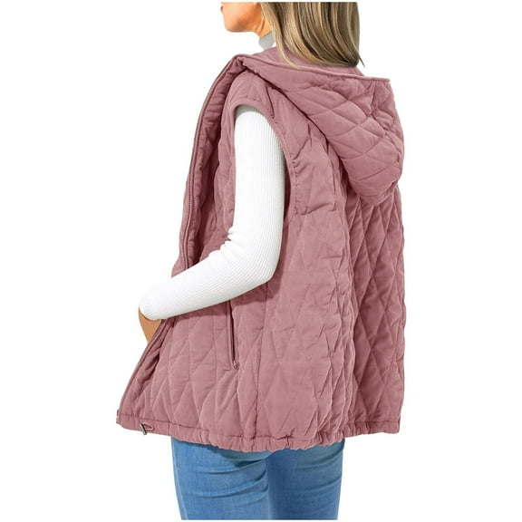 TFEOQRY Fashion Women's Thermal Vest Solid Color Cotton Outwear Zipper Sleeveless Tank Top Hooded Jacket with Pockets Draw Rope Pink
