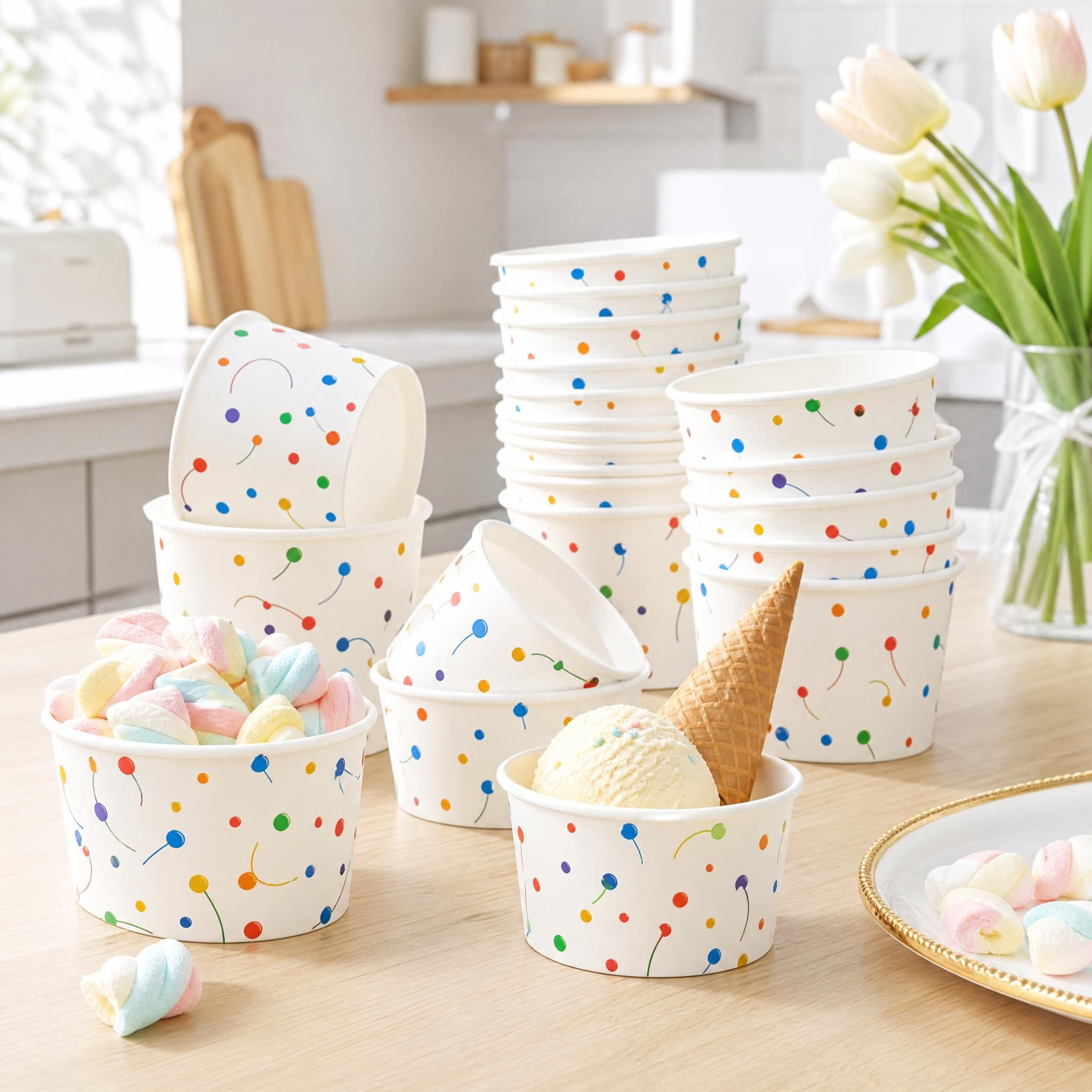 Treamon Disposable Paper Ice Cream Cups, Dessert Bowl for Yogurt, 9 oz 100 Pack