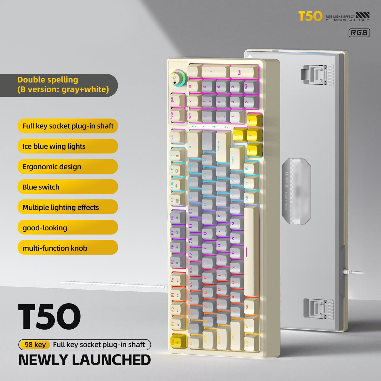 Mechanical Keyboard T50 RGB Mechanical Keyboard Customizable Blue Switch Dynamic Lighting Ergonomic Design PC Gaming Typing Work