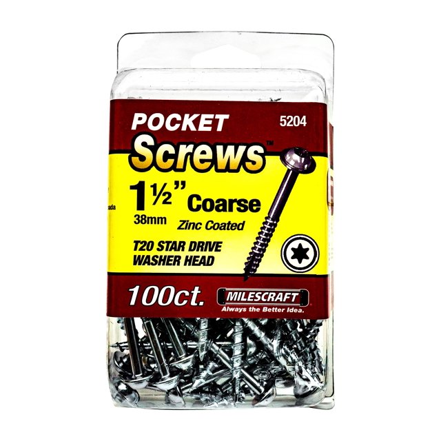 Milescraft 5204 Tornillos con orificio de bolsillo para madera - Cabeza de arandela n.° 7 x 1-1/2" con rosca gruesa (100 piezas) Torx Drive autorroscante para uso en interiores