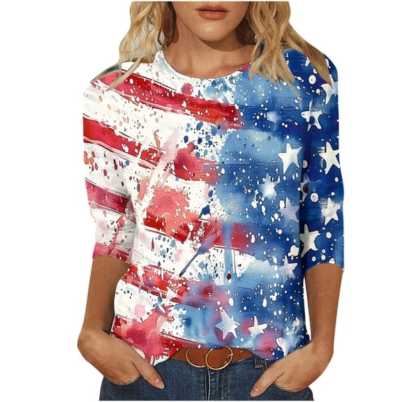 SnZhen 3/4 Length Sleeve Womens Tops Women's Fashionable Independence Day Prints Printed Round Neck Three-quarter Sleeve 3/4 Sleeve T-Shirt Top