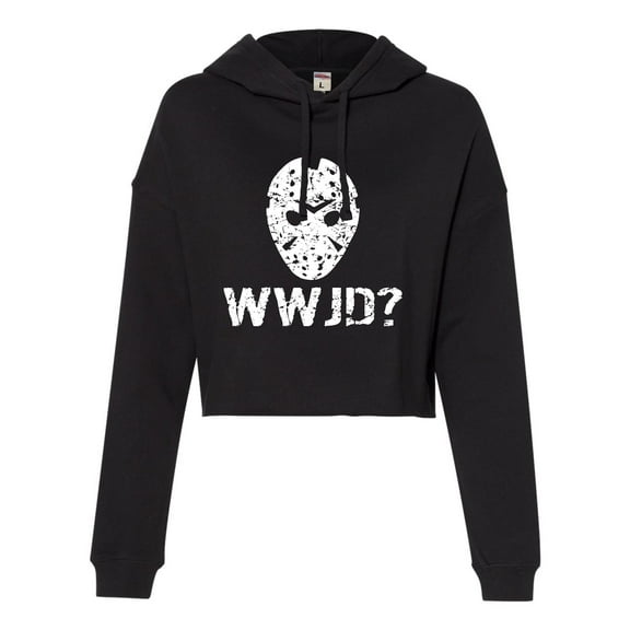 Womens WWJD What Would Jason Do? Funny Horror Movie Cropped Hooded Sweatshirt