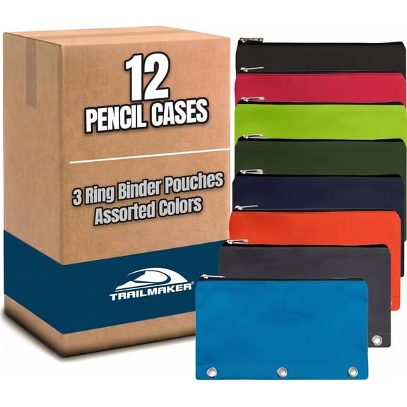 Trailmaker 12 Pencil Pouches for 3 Ring Binder Bulk Pencil Bags with Zipper, Large Binder Pencil Pouch Bundle for Pens, Pencils, Writing Utensils, Offices, Budgeting (12 Pencil Cases in 8 Colors)