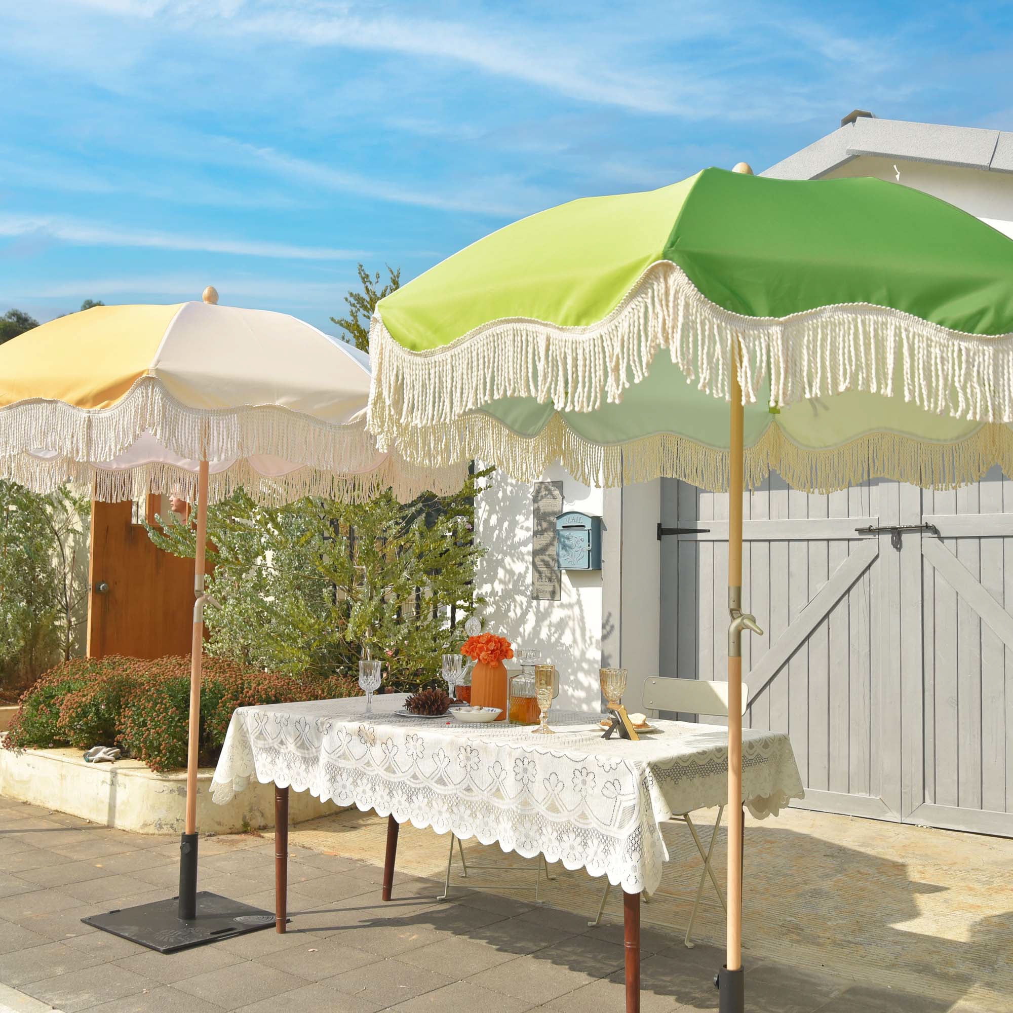 LAGarden 6Ft Fringe Patio Umbrella with Tassels & Carry Bag 50 / 60s Vintage Style Umbrella Wood Green,Model: PS6-04