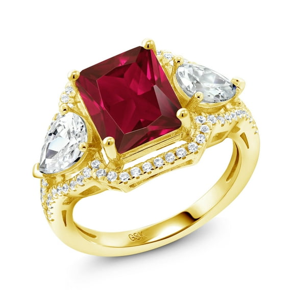 Gem Stone King 18K Yellow Gold Plated Silver Red Created Ruby Ring for Women (4.59 Cttw, Emerald Cut 10X8MM, Gemstone July Birthstone, Size 5)