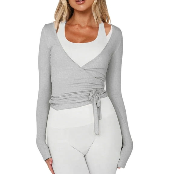 HAJWOH Women Ballet Wrap Top 2025 Long Sleeve Self Tie Dance Shirt Pilates Yoga Tops Y2k Workout Active Blouses Light Gray S