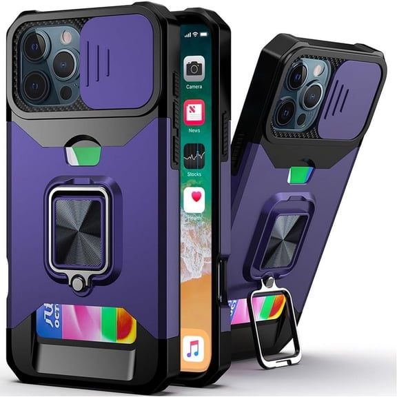 KOMI for iPhone 16 Pro Max 6.9 inch Multi-Functional Card Magnetic Ring Stand Hybrid Camera Case Cover - Dark Purple