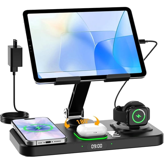 30W Charging Station for Products, Foldable Wireless Charger with Clock Display&7 Color Light, Wired iPad/Tablet iPhone17, Watch11 AirPods4(