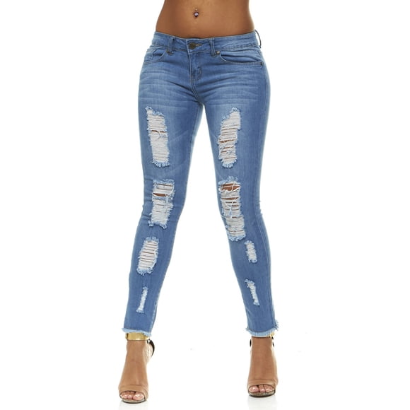 V.I.P. JEANS Women's Size Fray Hem Skinny Distressed Ripped Juniors, Medium Blue, 20 Plus