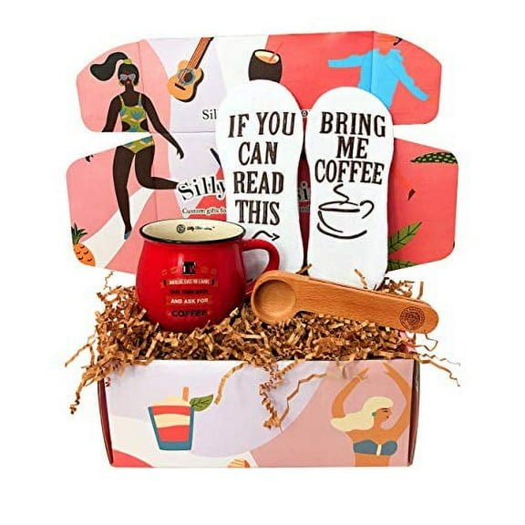 Coffee Lover Gift Box By Silly Obsessions. Unique Gift Basket for birthday, new home warming, housewarming, dinner party. Best Coffee Gift Set for family, frien's, and coworkers...