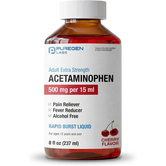 Puregen Labs Adult Extra Strength Acetaminophen Liquid 500mg/15ml - 8 fl oz - Rapid Burst Pain Reliever/Fever Reducer, Cherry Flavor | Muscle & Joint Pain Relief | Arthritis Pain Relief