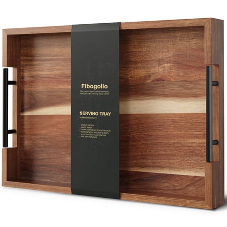 Fibogollo Acacia Wood Serving Tray with Metal Handles