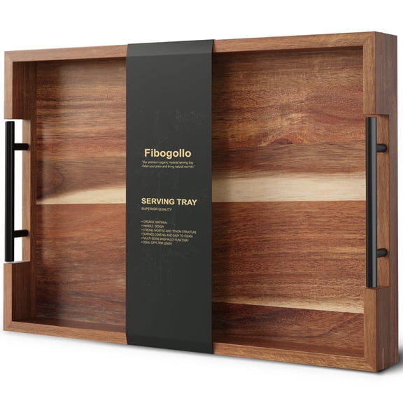 Fibogollo Acacia Wood Serving Tray with Metal Handles,17x12in Ottoman Decorative Trays Platter for Coffee Table,Living Room,Bar,Party(Large)