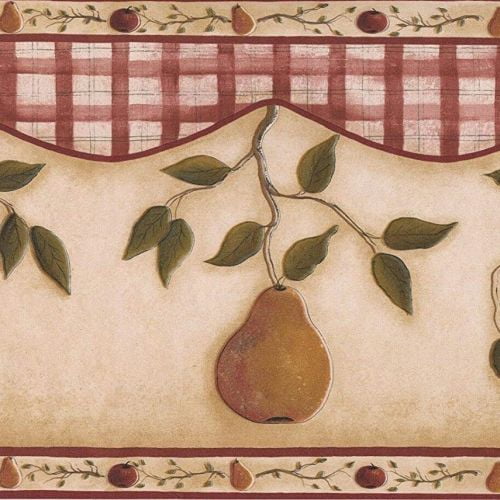 Concord Wallcoverings Classic Fruit Wallpaper Border Featuring Apple Pears Leaves, Colors Red Beige Green, Size 13.5 Inches by 15 Feet 31192330