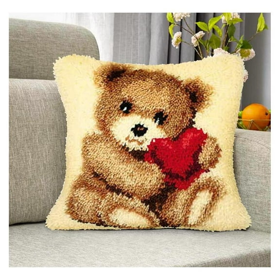 Latch Hook Kit for Adults and Beginners, Bear 17X17Inch, Latch Hook Pillow Case Kits 43x43cm, DIY Latch Hook Cushion Cover Kits, Cross Stitch Embroidery Kits for Home Decoration