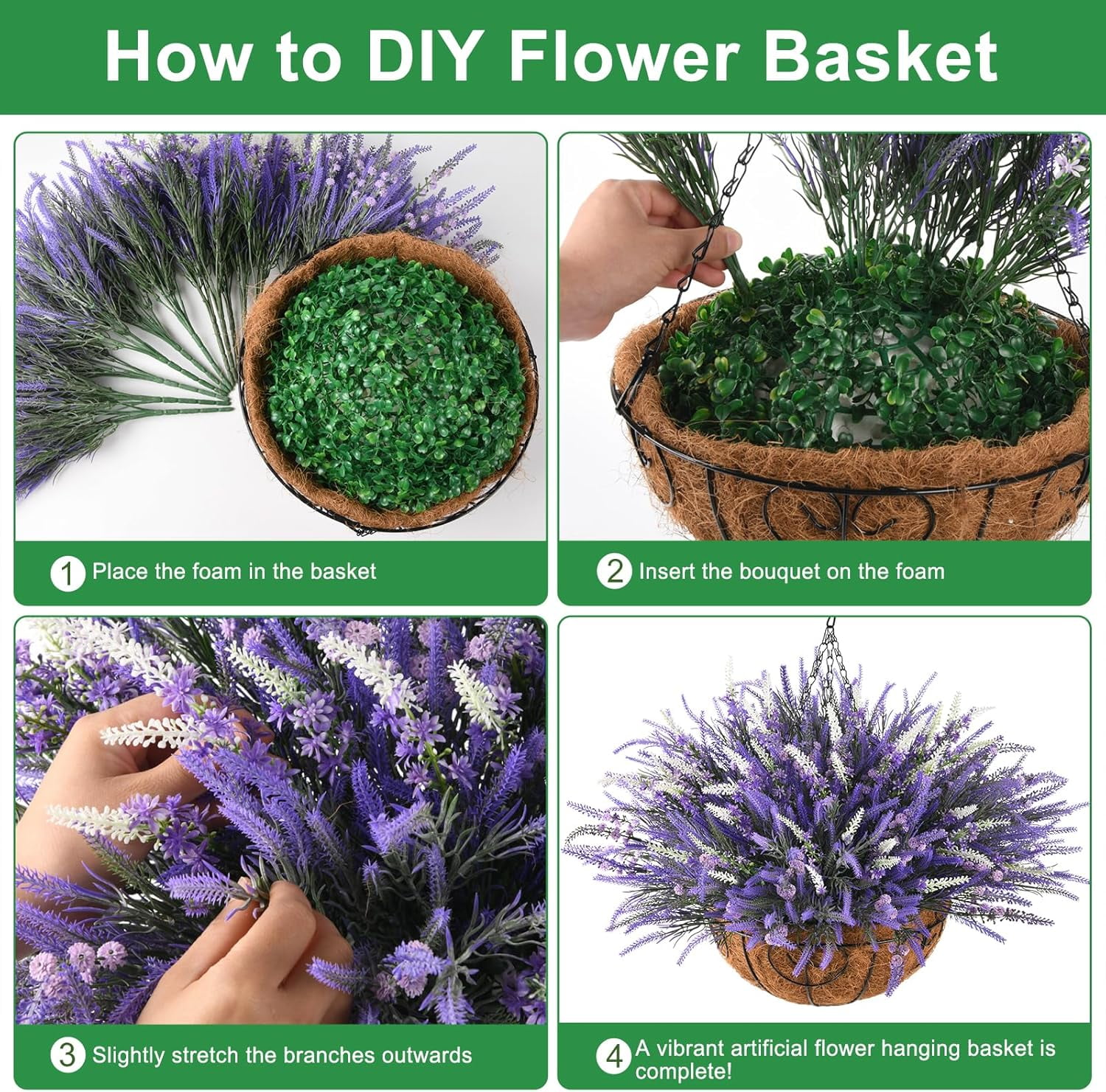 Artificial Plants Fake Flowers with Hanging Basket for Outdoor, 16 Bundles Faux Lavender Plant Hanging Flower in Planter Realistic UV Resistant for Spring Outside Porch Patio Garden Decoration