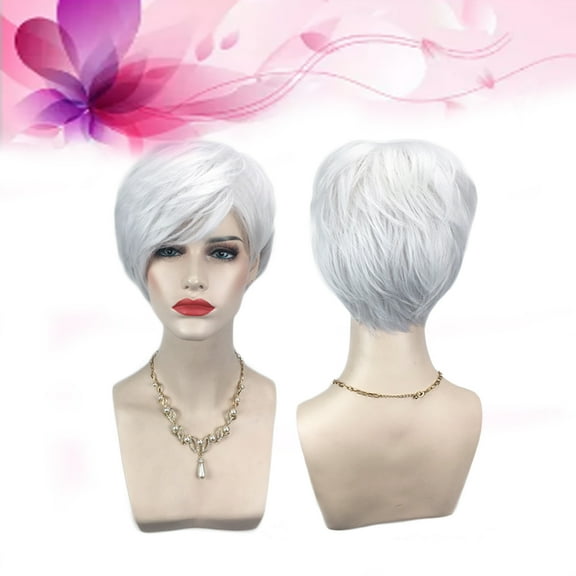 GOOHOCHY 1pc Women Short Straight Hair Wig Asymmetric Natural Looking Hair Wig (Light Silver)