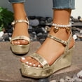 thumbnail image 2 of Rokment Platform Wedge Sandals for Women Dressy Sparkly Metallic Trending Leather Ankle Strap Chunky High Heels Dress Summer Shoes Bride Wedding Gold Size 6, 2 of 9