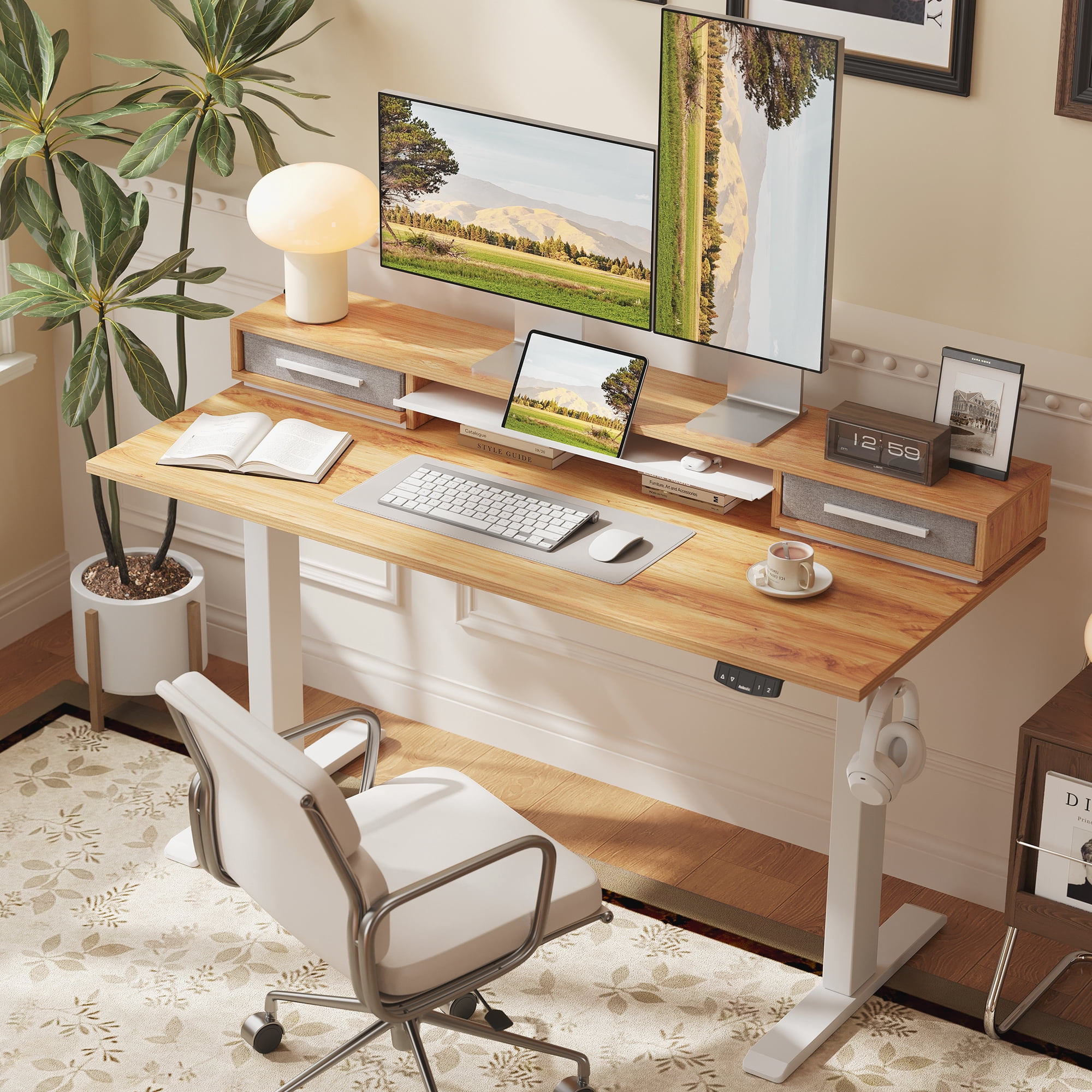 55.1 Inch Electric Standing Desk with Double Drawers ,Stand up Desk with Storage Shelf, Height Adjustable Home Office Desk with Hooks, Computer Workstation for Home and Office, Light Rustic Brown