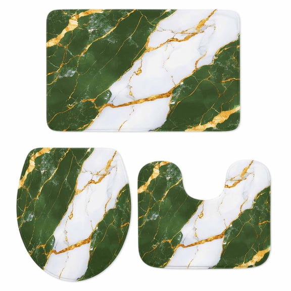 Green Marble Bathroom Rugs Set Gold Foil Modern Non Slip Absorbent Soft Bath Mats 3 Piece Set with Bathroom Rug, U-Shaped Floor Mat, Toilet Seat Cover Small Size