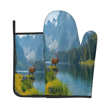 

Vsdgher Majestic Deer Mountain Lake Oven Mitts and Pot Holders 2 pcs Set High Heat Resistant Kitchen Oven Glove for Baking and Cooking