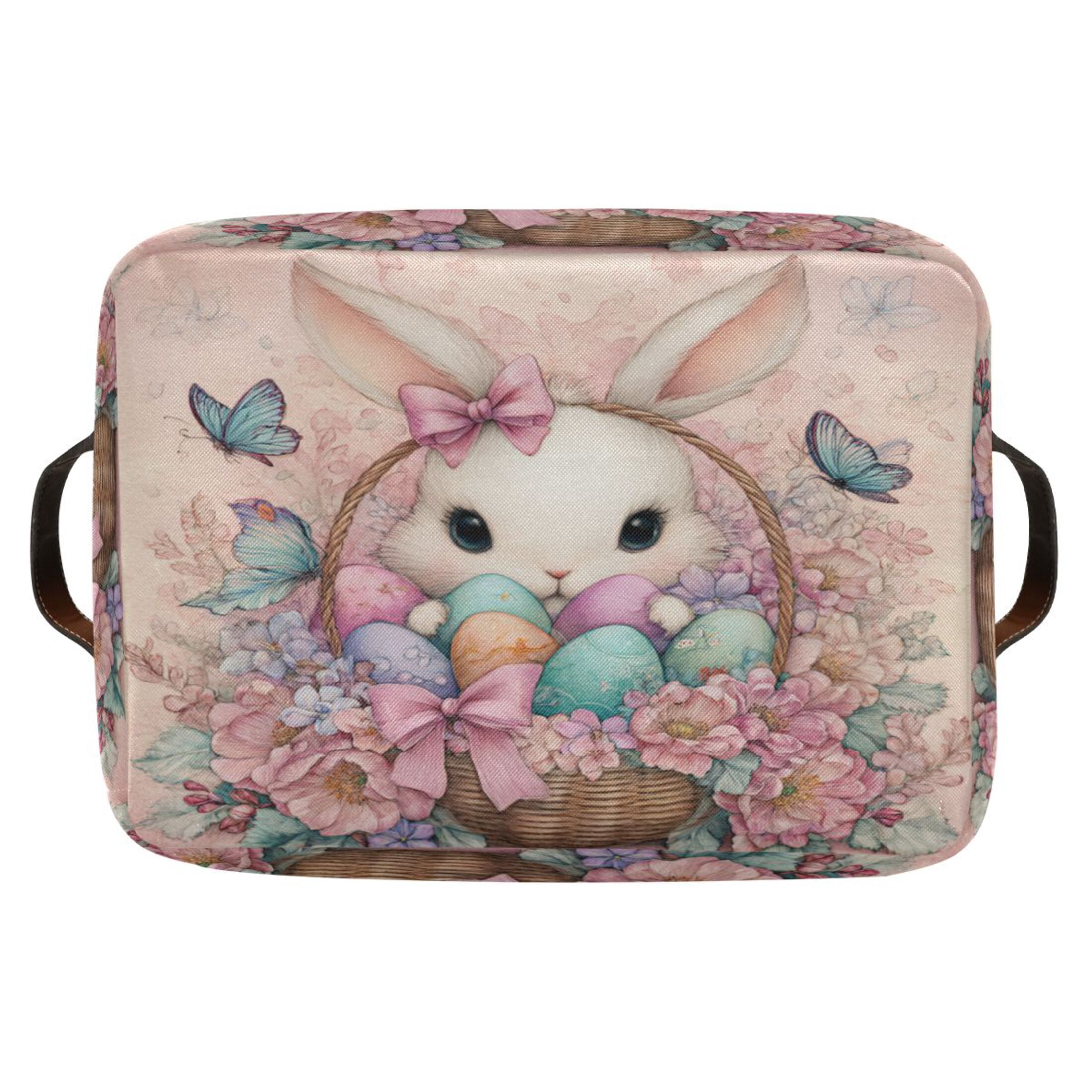 Wobogo Adorable Easter Bunny Square Storage Basket Set of 2 with Waterproof Canvas and PE Lining Durable PU Leather Handles 14.2×10.2×8.3in
