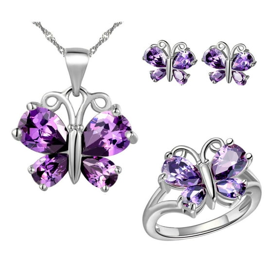 Uloveido Women Platinum Plated Purple Crystal Love Butterfly Pendant Necklace Promise Ring and Studs Earrings Jewelry Set for Birthday Gift T235