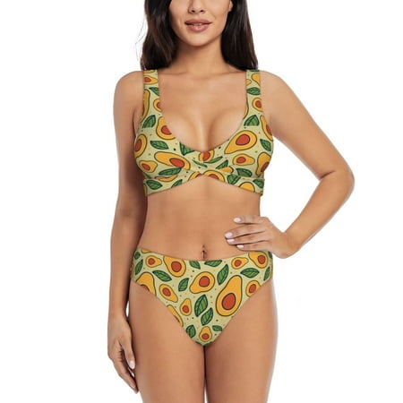 Zeuib Leaves Avocado High Waisted Tummy Control Bikini Set - Knot Front Push Up Top & Cheeky Thong Bottom  Two-Piece Swimsuit for Women-XX-Large