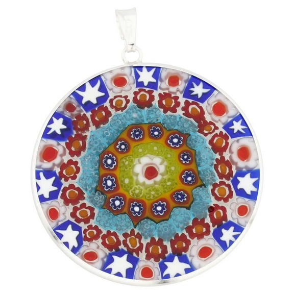 GlassOfVenice Murano Glass Millefiori Pendant in Silver Frame 1-1/2"