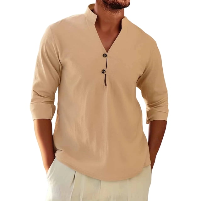 Camisas de los Hombres de Manga Larga Casual Color Sólido Solapa Mezcla de Lino, Suéter de Mitad de Cremallera para el Ocio Diario Al Aire Libre