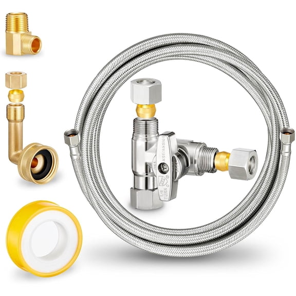 Dishwasher Hose Installation Kit - Includes Water Supply Line, 3/8" Compression Water Splitter, 3/4" FHT Elbow, and 3/8" MIP Elbow (4 FT)