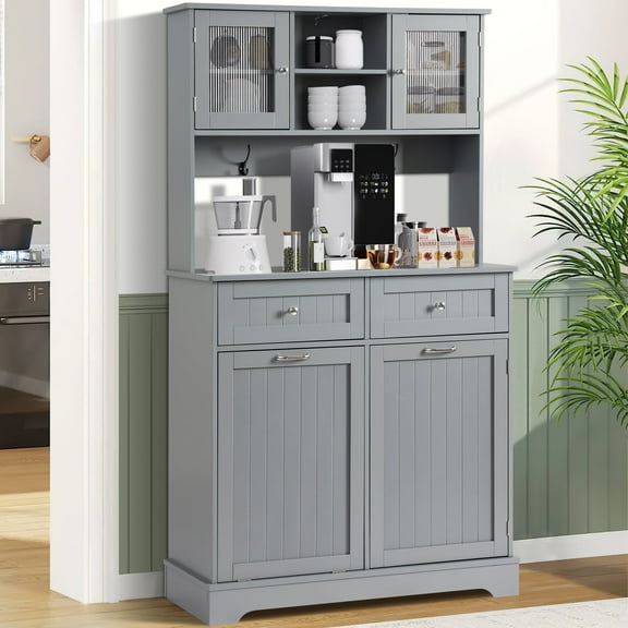 KIGOTY Kitchen Pantry Storage Cabinet, Double Tilt Out Trash Cabinets Freestanding Storage Cabinets, 2 Drawers and 1 Tilt Out Trash Cabinet, Kitchen, Dinning Room, Living Room, Grey