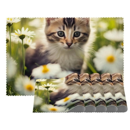 

Placemats Set of 6 Non Slip Washable Table Placemats Daisy and Flower Cat
