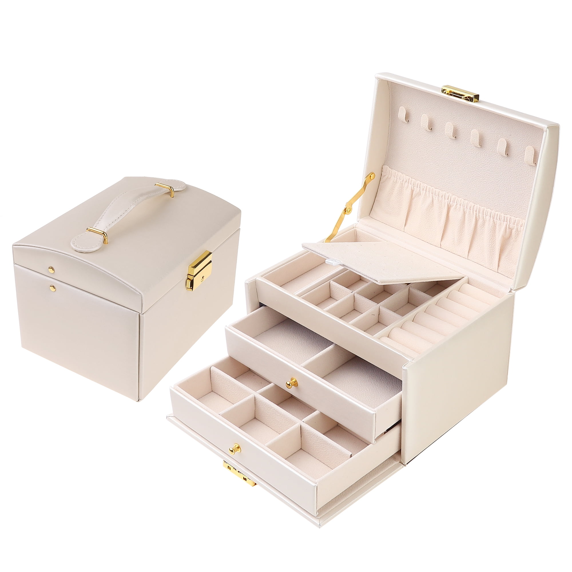 Unique Bargains 3 Layer Jewelry Box PU Leather Jewelry Organizer Case with Drawer White