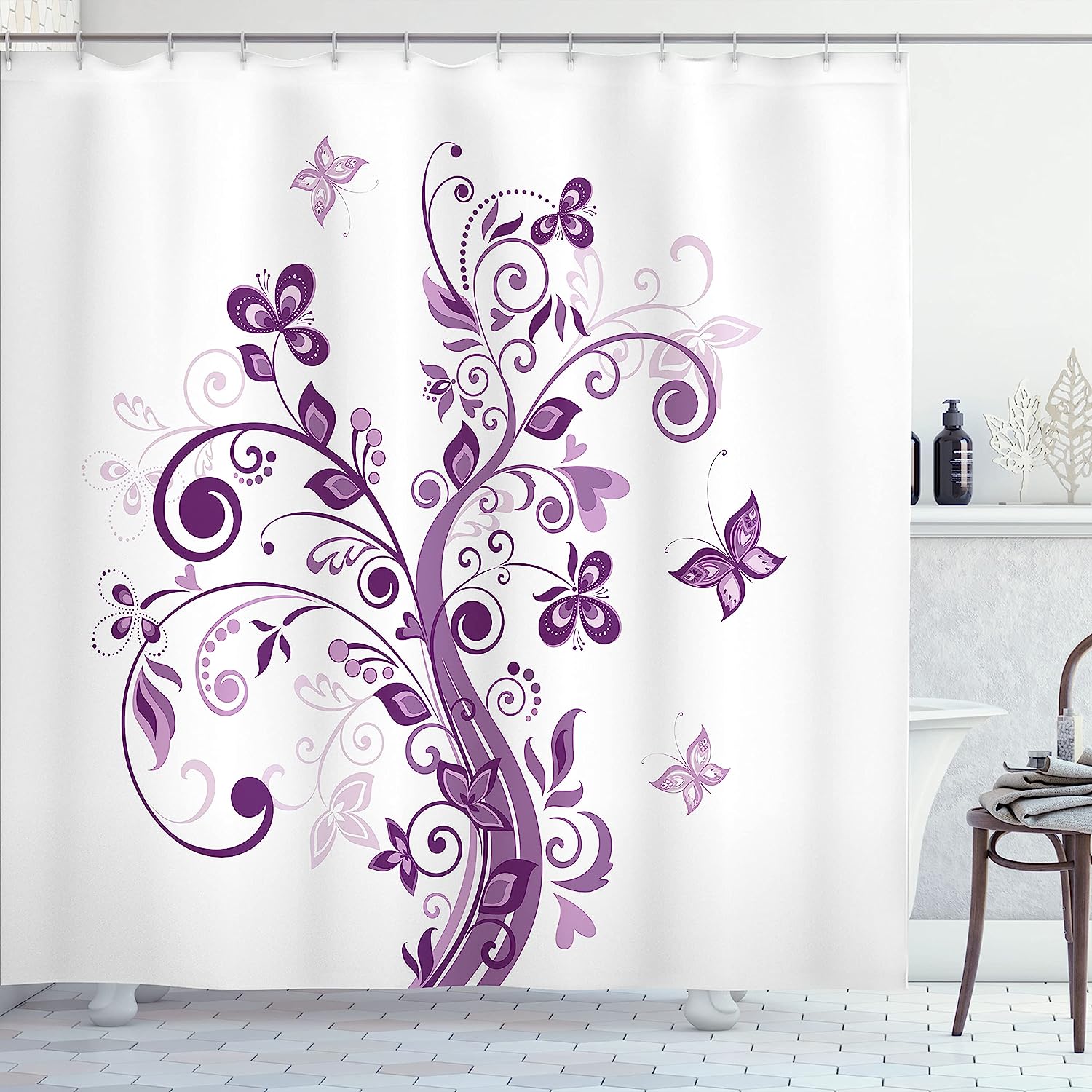 JOOCAR Mauve Shower Curtain, Tree with Swirled Branches and Flowers