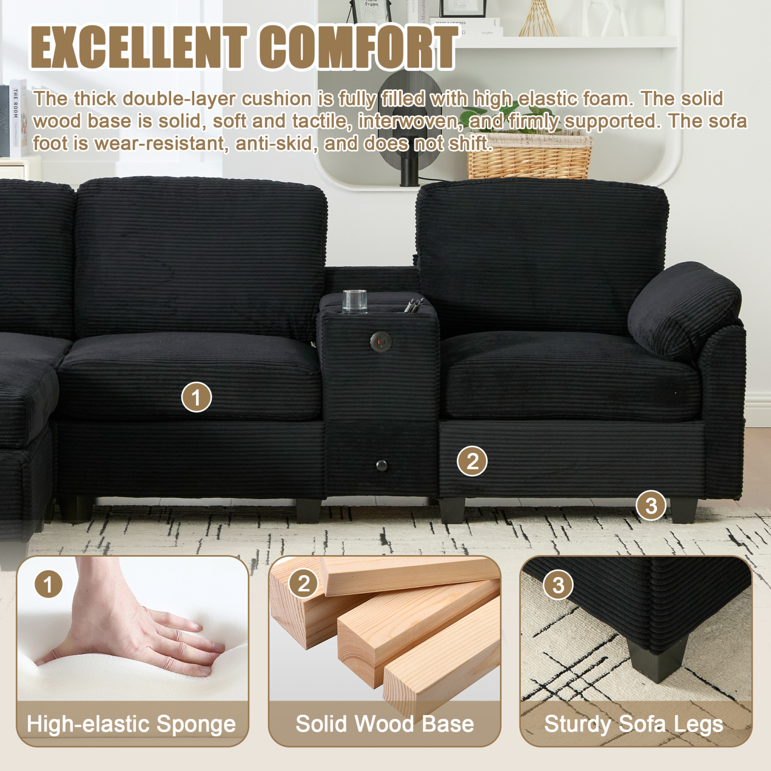 Leumius L-Shaped Sectional Sofa for Living Room,105" Modular 4-Seater Upholstered Sofa Couch with Cup Holder/USB Interface/Storage Box,Black